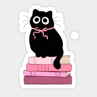 pink coquette cat on stack of books Sticker